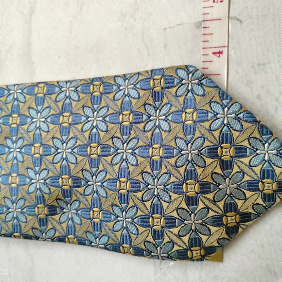 XMI Platinum Silk Tie Necktie Blue Gold Floral Geometric Pattern Hand Made USA - Picture 6 of 8